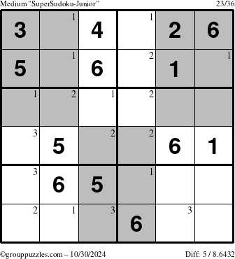 The grouppuzzles.com Medium SuperSudoku-Junior puzzle for Wednesday October 30, 2024 with the first 3 steps marked