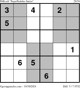 The grouppuzzles.com Difficult SuperSudoku-Junior puzzle for Wednesday October 30, 2024