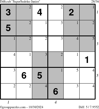 The grouppuzzles.com Difficult SuperSudoku-Junior puzzle for Wednesday October 30, 2024 with all 5 steps marked