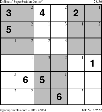 The grouppuzzles.com Difficult SuperSudoku-Junior puzzle for Wednesday October 30, 2024 with the first 3 steps marked