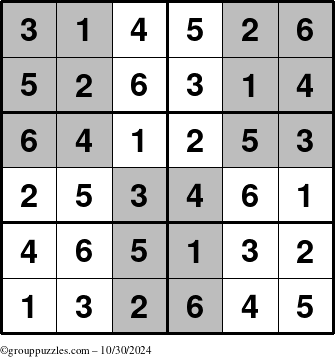 The grouppuzzles.com Answer grid for the SuperSudoku-Junior puzzle for Wednesday October 30, 2024