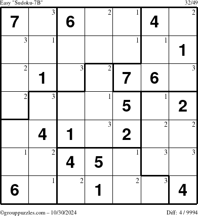 The grouppuzzles.com Easy Sudoku-7B puzzle for Wednesday October 30, 2024 with the first 3 steps marked