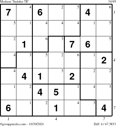 The grouppuzzles.com Medium Sudoku-7B puzzle for Wednesday October 30, 2024, suitable for printing, with all 6 steps marked