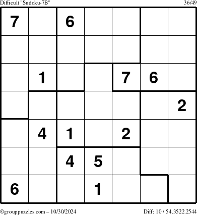 The grouppuzzles.com Difficult Sudoku-7B puzzle for Wednesday October 30, 2024