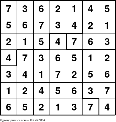 The grouppuzzles.com Answer grid for the Sudoku-7B puzzle for Wednesday October 30, 2024