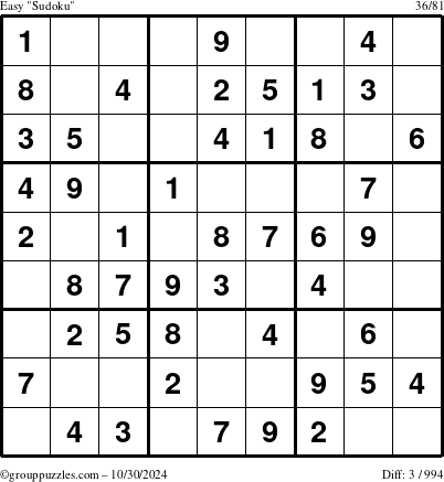 The grouppuzzles.com Easy Sudoku puzzle for Wednesday October 30, 2024