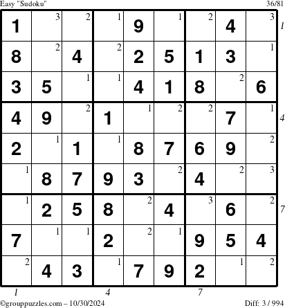 The grouppuzzles.com Easy Sudoku puzzle for Wednesday October 30, 2024 with all 3 steps marked