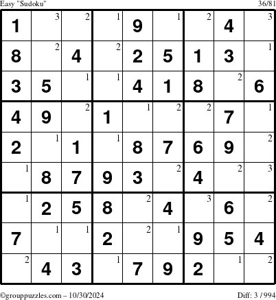 The grouppuzzles.com Easy Sudoku puzzle for Wednesday October 30, 2024 with the first 3 steps marked