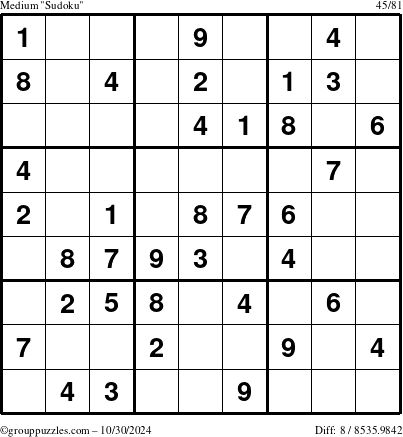 The grouppuzzles.com Medium Sudoku puzzle for Wednesday October 30, 2024