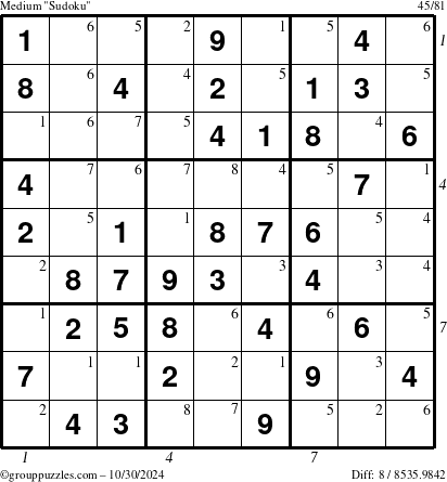 The grouppuzzles.com Medium Sudoku puzzle for Wednesday October 30, 2024 with all 8 steps marked