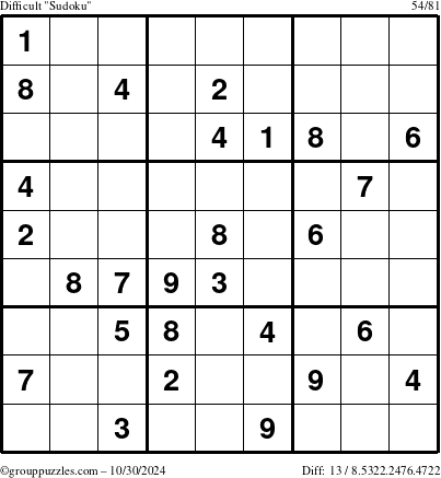 The grouppuzzles.com Difficult Sudoku puzzle for Wednesday October 30, 2024