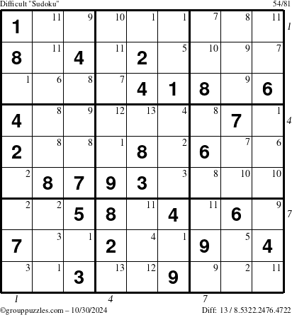 The grouppuzzles.com Difficult Sudoku puzzle for Wednesday October 30, 2024 with all 13 steps marked