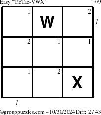 The grouppuzzles.com Easy TicTac-VWX puzzle for Wednesday October 30, 2024 with all 2 steps marked