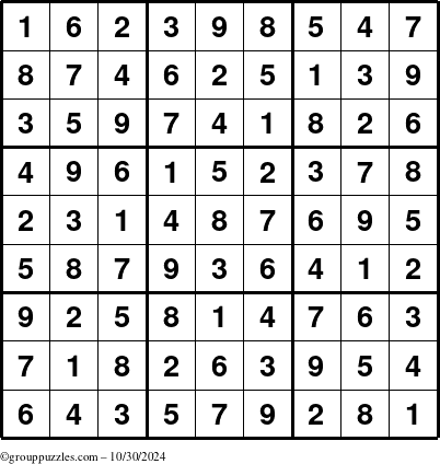 The grouppuzzles.com Answer grid for the Sudoku puzzle for Wednesday October 30, 2024