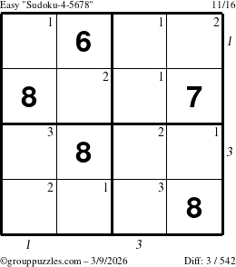 The grouppuzzles.com Easy Sudoku-4-5678 puzzle for Monday March 9, 2026, suitable for printing, with all 3 steps marked
