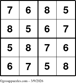 The grouppuzzles.com Answer grid for the Sudoku-4-5678 puzzle for Monday March 9, 2026