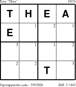 The grouppuzzles.com Easy Thea puzzle for Monday March 9, 2026 with the first 3 steps marked