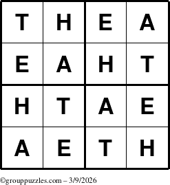 The grouppuzzles.com Answer grid for the Thea puzzle for Monday March 9, 2026