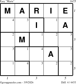 The grouppuzzles.com Easy Marie puzzle for Monday March 9, 2026 with all 4 steps marked