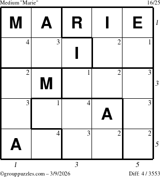 The grouppuzzles.com Medium Marie puzzle for Monday March 9, 2026 with all 4 steps marked