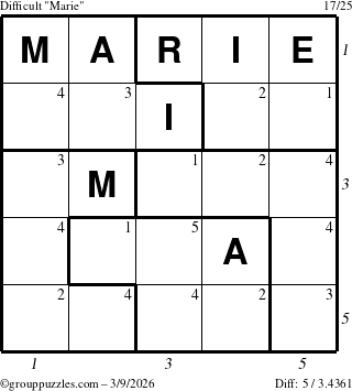 The grouppuzzles.com Difficult Marie puzzle for Monday March 9, 2026, suitable for printing, with all 5 steps marked