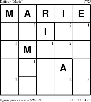 The grouppuzzles.com Difficult Marie puzzle for Monday March 9, 2026 with the first 3 steps marked