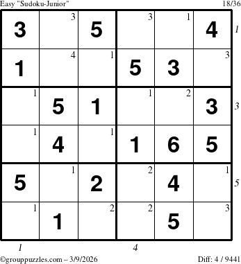 The grouppuzzles.com Easy Sudoku-Junior puzzle for Monday March 9, 2026 with all 4 steps marked