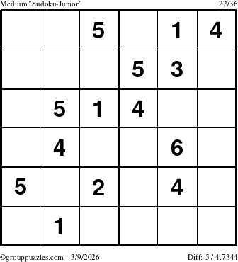 The grouppuzzles.com Medium Sudoku-Junior puzzle for Monday March 9, 2026