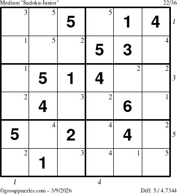The grouppuzzles.com Medium Sudoku-Junior puzzle for Monday March 9, 2026 with all 5 steps marked