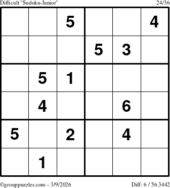 The grouppuzzles.com Difficult Sudoku-Junior puzzle for Monday March 9, 2026