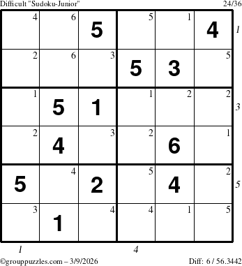 The grouppuzzles.com Difficult Sudoku-Junior puzzle for Monday March 9, 2026 with all 6 steps marked