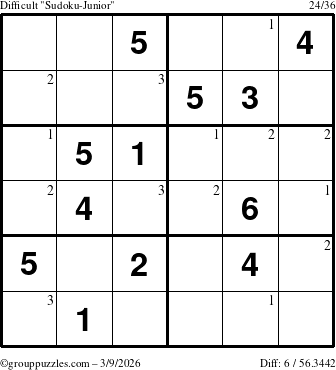 The grouppuzzles.com Difficult Sudoku-Junior puzzle for Monday March 9, 2026 with the first 3 steps marked