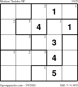 The grouppuzzles.com Medium Sudoku-5B puzzle for Monday March 9, 2026 with the first 3 steps marked