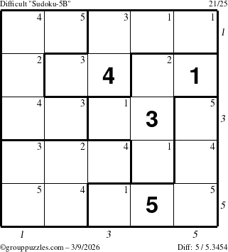 The grouppuzzles.com Difficult Sudoku-5B puzzle for Monday March 9, 2026 with all 5 steps marked