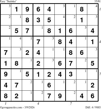 The grouppuzzles.com Easy Sudoku puzzle for Monday March 9, 2026, suitable for printing, with all 4 steps marked