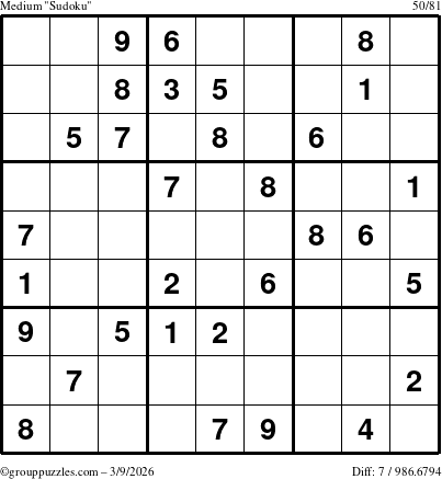 The grouppuzzles.com Medium Sudoku puzzle for Monday March 9, 2026