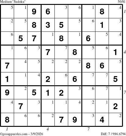 The grouppuzzles.com Medium Sudoku puzzle for Monday March 9, 2026, suitable for printing, with all 7 steps marked