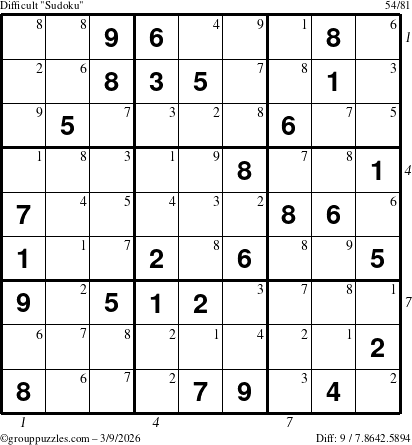 The grouppuzzles.com Difficult Sudoku puzzle for Monday March 9, 2026 with all 9 steps marked