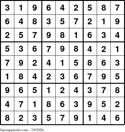 The grouppuzzles.com Answer grid for the Sudoku puzzle for Monday March 9, 2026