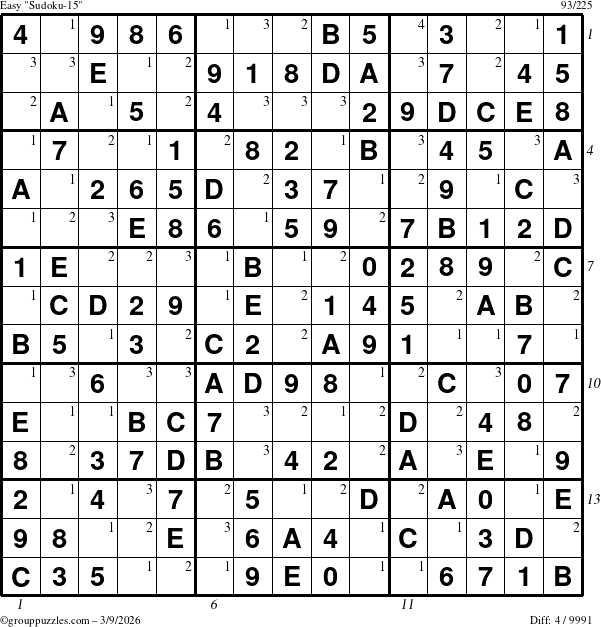 The grouppuzzles.com Easy Sudoku-15 puzzle for Monday March 9, 2026 with all 4 steps marked