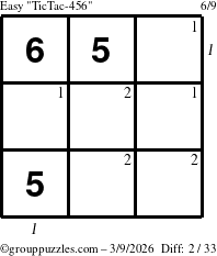 The grouppuzzles.com Easy TicTac-456 puzzle for Monday March 9, 2026, suitable for printing, with all 2 steps marked