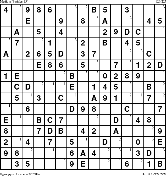 The grouppuzzles.com Medium Sudoku-15 puzzle for Monday March 9, 2026 with the first 3 steps marked
