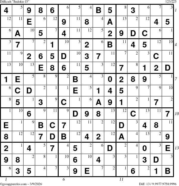 The grouppuzzles.com Difficult Sudoku-15 puzzle for Monday March 9, 2026, suitable for printing, with all 13 steps marked