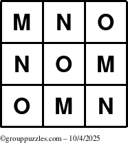 The grouppuzzles.com Answer grid for the TicTac-MNO puzzle for Saturday October 4, 2025