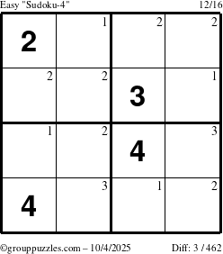The grouppuzzles.com Easy Sudoku-4 puzzle for Saturday October 4, 2025 with the first 3 steps marked
