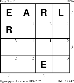 The grouppuzzles.com Easy Earl puzzle for Saturday October 4, 2025, suitable for printing, with all 3 steps marked