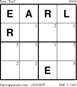 The grouppuzzles.com Easy Earl puzzle for Saturday October 4, 2025 with the first 3 steps marked