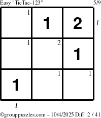 The grouppuzzles.com Easy TicTac-123 puzzle for Saturday October 4, 2025 with all 2 steps marked