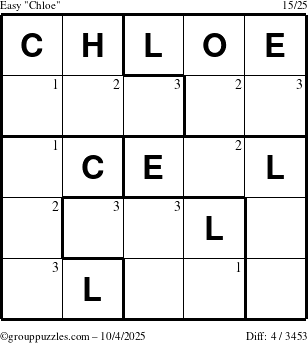 The grouppuzzles.com Easy Chloe puzzle for Saturday October 4, 2025 with the first 3 steps marked
