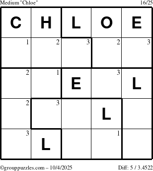 The grouppuzzles.com Medium Chloe puzzle for Saturday October 4, 2025 with the first 3 steps marked